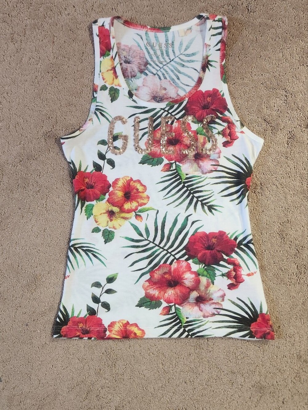 Guess White Tank Top with Red & Yellow Floral Print Size Small